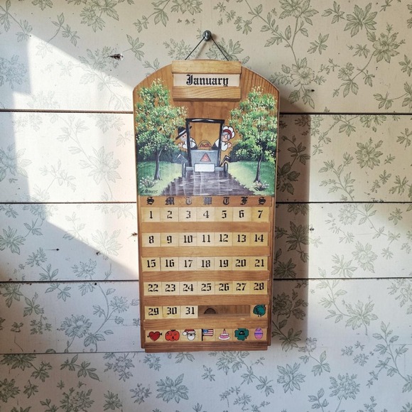 Other - Vintage Amish-Themed Wooden Perpetual Calendar Hand Painted Folk Art 23x11